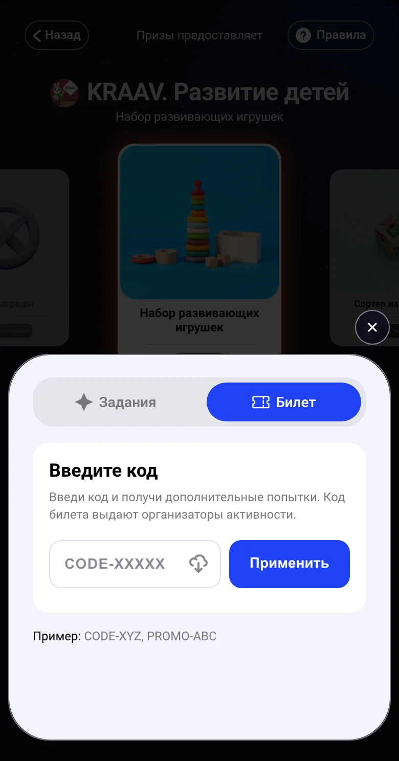 Вкладка «Билет»: участник вводит код и получает попытки