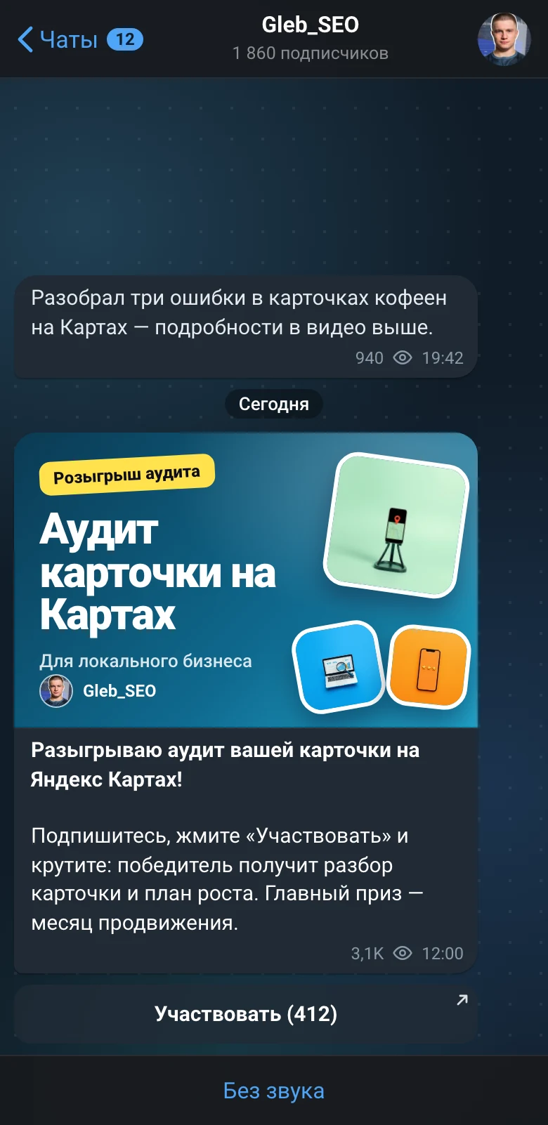 Видит пост в канале: экран игры Gleb SEO