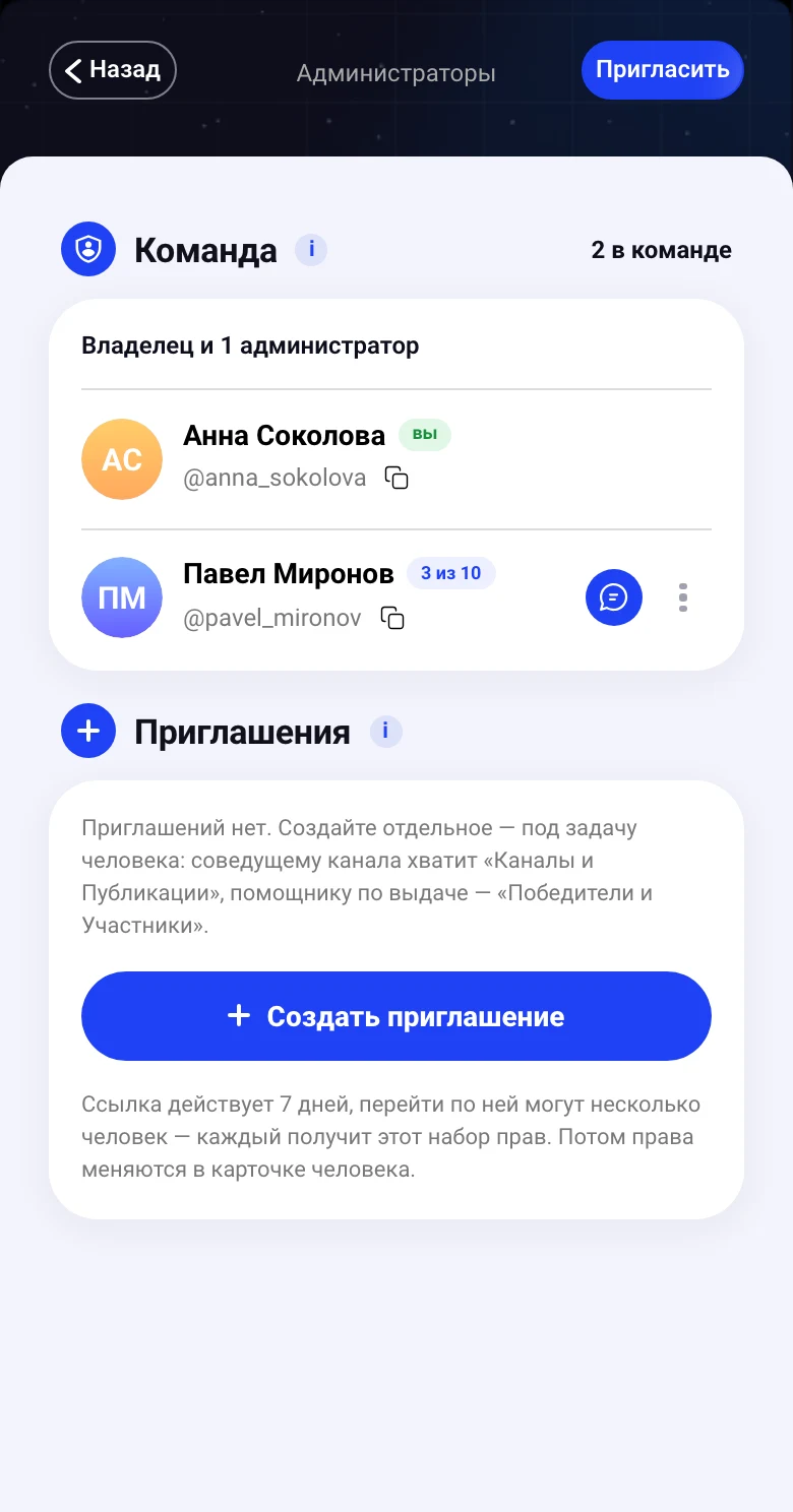 Команда игры: владелец Анна и помощник Павел SMM с доступом к публикациям, победителям и статистике